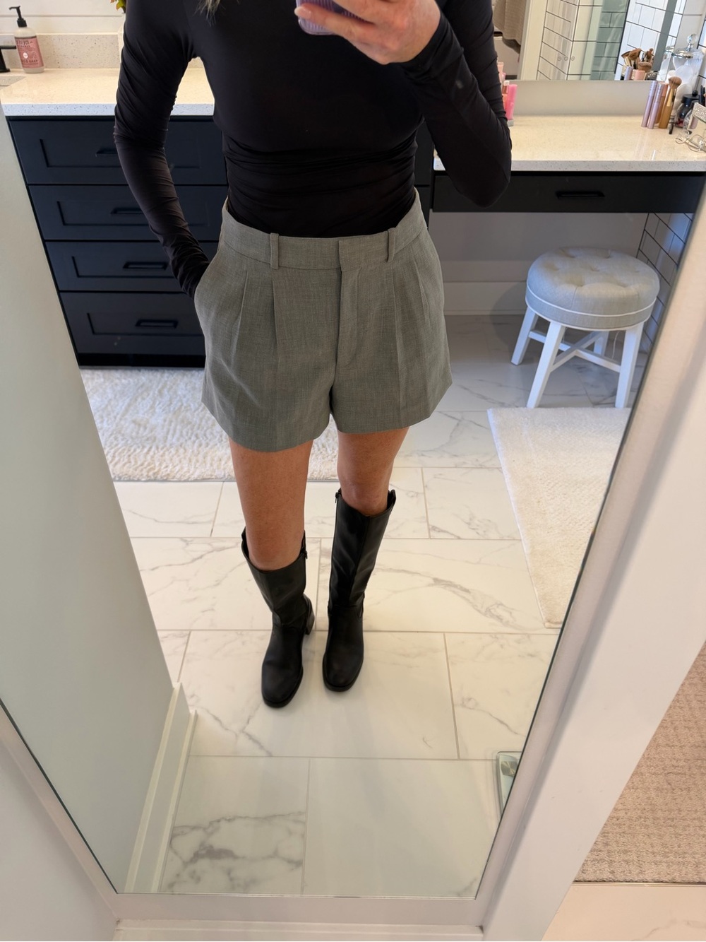 Aritzia Grey Pleated High-Rise Shorts